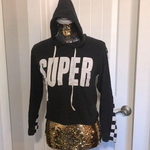 ON FIRE Size L Black Crop hoodie w/ white “SUPER”